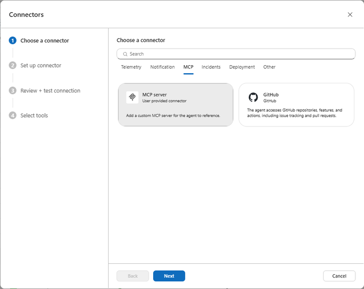 The Azure SRE Agent connector picker on the MCP tab, showing two cards: MCP server (User provided connector), which is selected, and GitHub. The wizard on the left has four steps: Choose a connector, Set up connector, Review and test connection, Select tools.