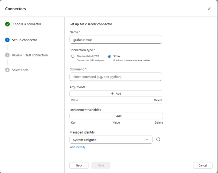 The empty Set up MCP server connector form, with Stdio selected as the connection type and the Command field showing the placeholder text: Enter command, for example npx or python.