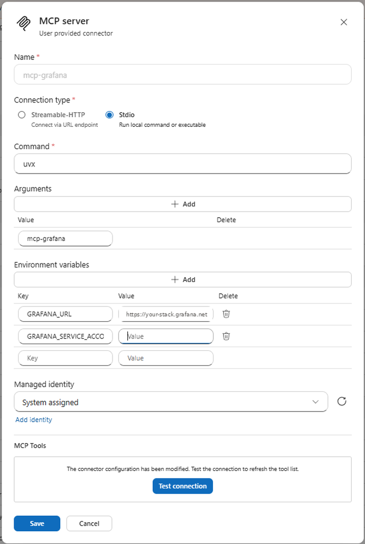The same connector form filled in: Connection type Stdio, Command uvx, one argument mcp-grafana, and two environment variables, GRAFANA_URL and GRAFANA_SERVICE_ACCOUNT_TOKEN. At the bottom, a notice reads: the connector configuration has been modified, test the connection to refresh the tool list.