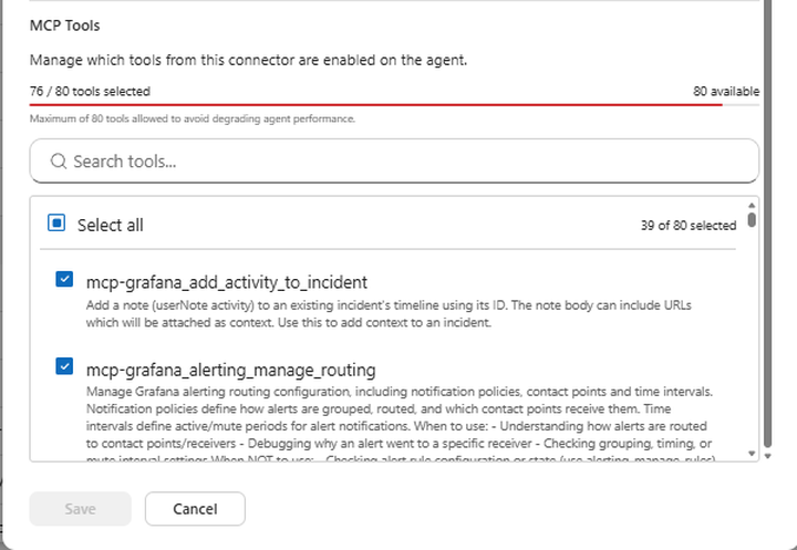 The MCP Tools panel showing 76 of 80 tools selected against a full red capacity bar, with 80 available on the right, and the hint: maximum of 80 tools allowed to avoid degrading agent performance. Below it, a Select all checkbox reads 39 of 80 selected, above the individual tool list.